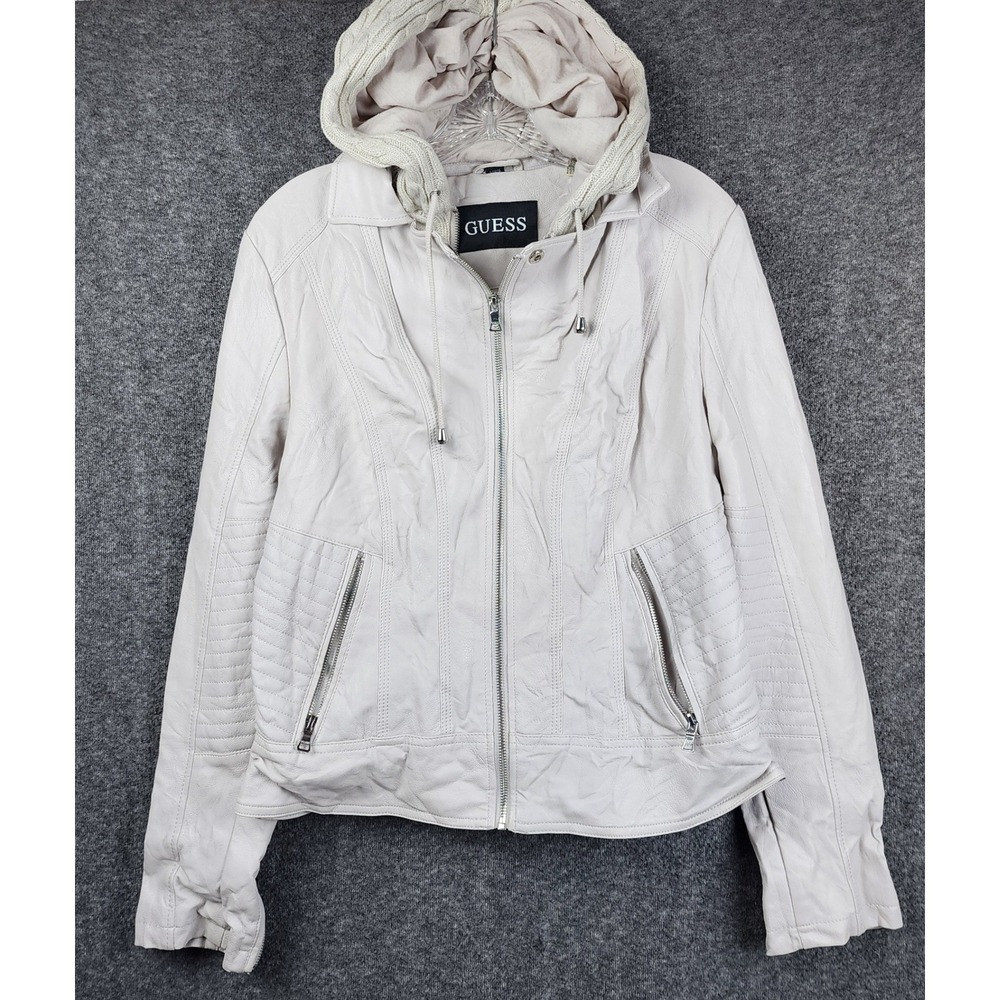Guess Moto‎ Jacket Women Large Off-White Faux Leather Cable Knit Removable Hood